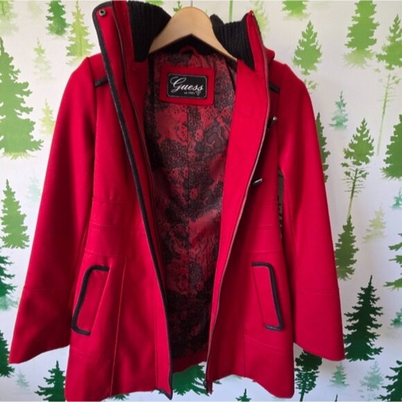 Women's Guess Red Toggle Wool Blend Duffle Coat - Picture 3 of 15